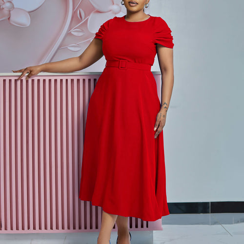 Damen Midi-Kleid mit elegantem Gummizug und schmalem Gürtel Drune