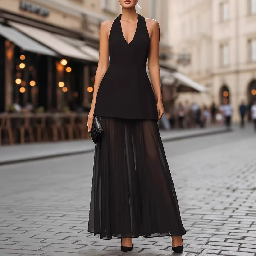 Damen Elegantes Maxikleid mit tiefem V-Ausschnitt und transparentem Überrock Drune