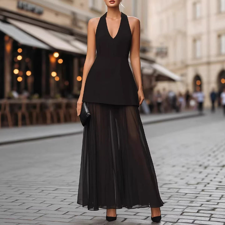 Damen Elegantes Maxikleid mit tiefem V-Ausschnitt und transparentem Überrock Drune
