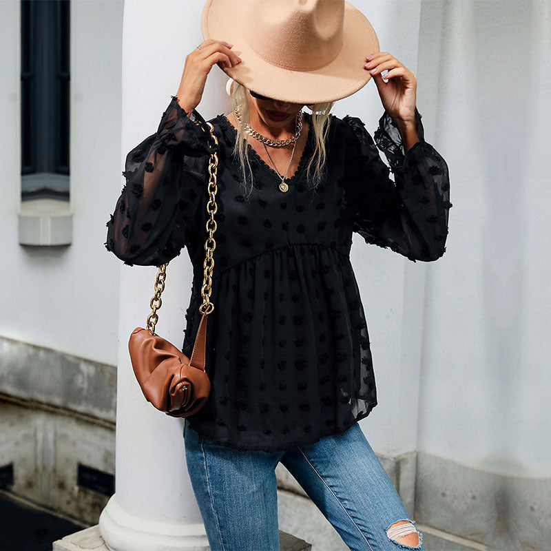 Damen luftige Bluse mit Rüschendetails und dekorativem Punkte-Design Drune