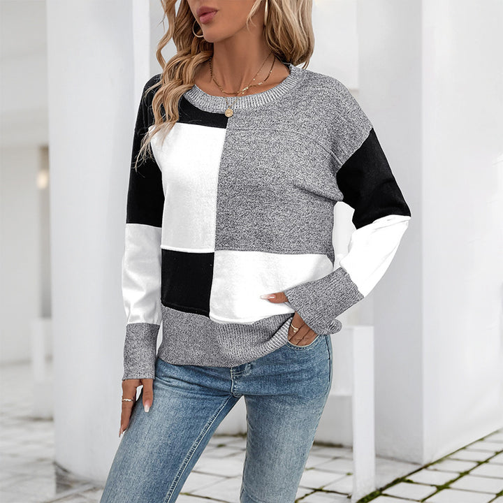 Damen lässiger Pullover mit modischem Patchwork-Design und Rundhalsausschnitt Drune