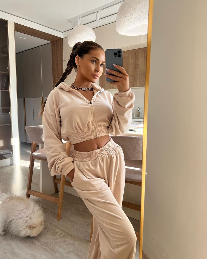 Damen nan kurzes Samt Trainingsset mit Reißverschluss Hoodie und weiter Bund Jogginghose Drune
