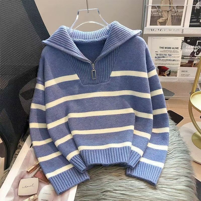Damen lässiger Strickpullover mit hohem Kragen und Reißverschluss Drune
