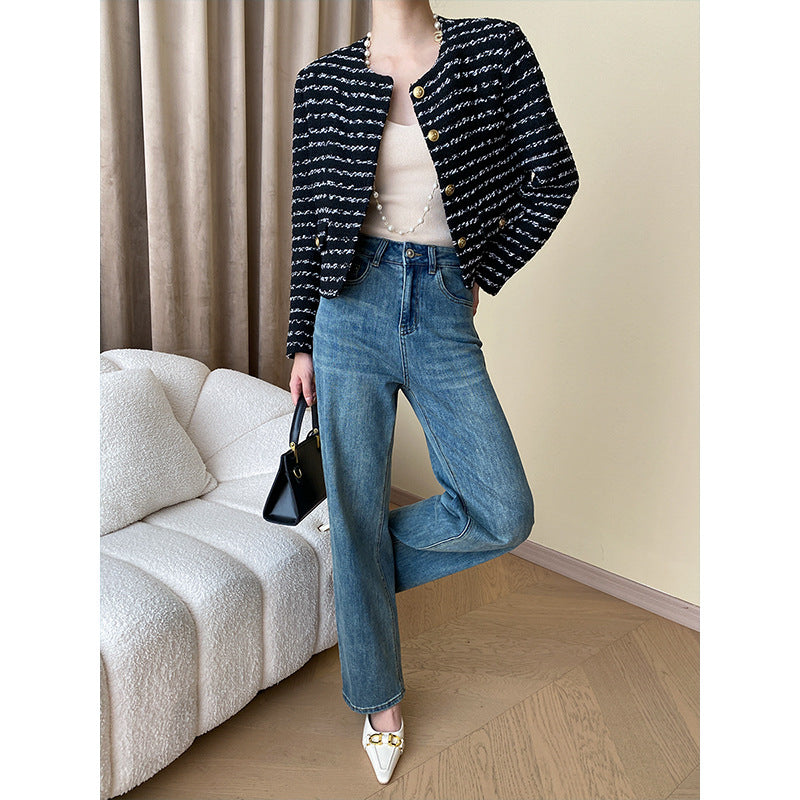 Damen elegante Bouclé-Jacke mit dekorativen Knöpfen Drune