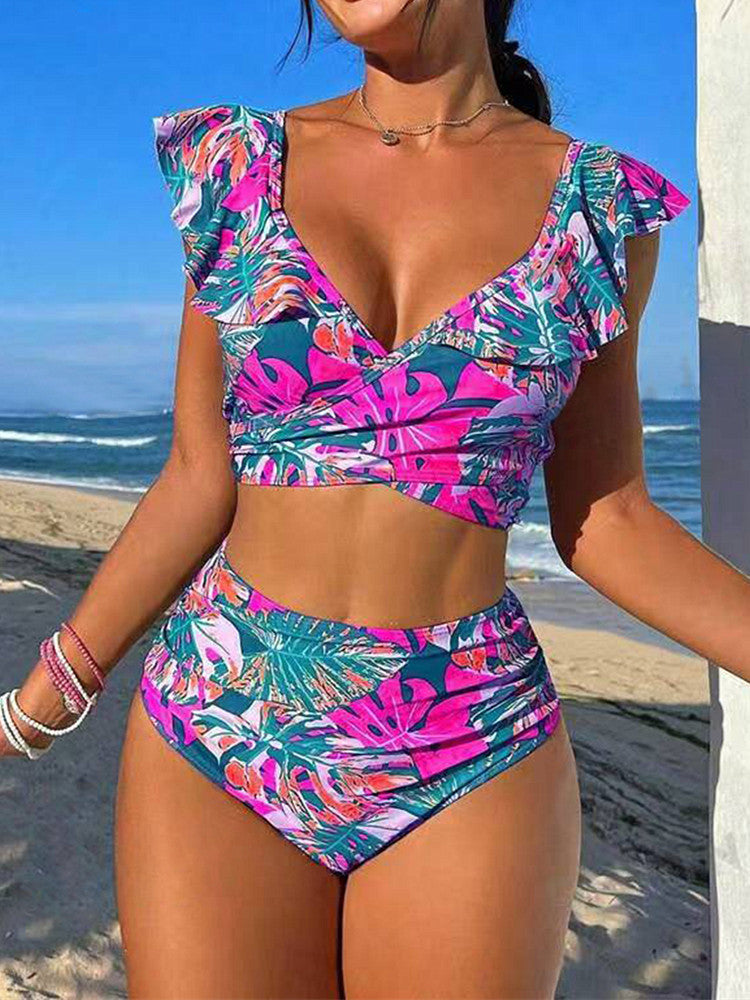 Damen Hoch-tailliertes Badebikini mit verspielten Rüschendetails Drune