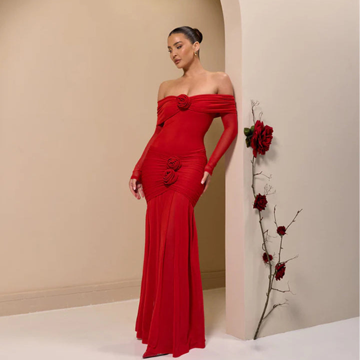 Damen Elegantes Wickel-Maxikleid mit Rüschen und Off-Shoulder Design Drune