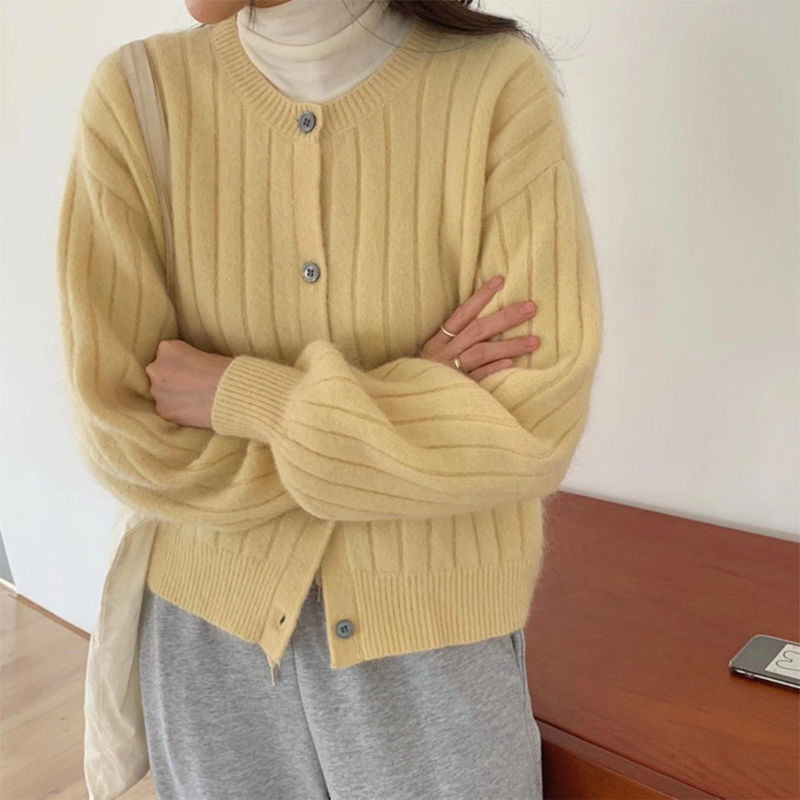 Damen kuschelige Knopfstrickjacke mit Rippstruktur Drune