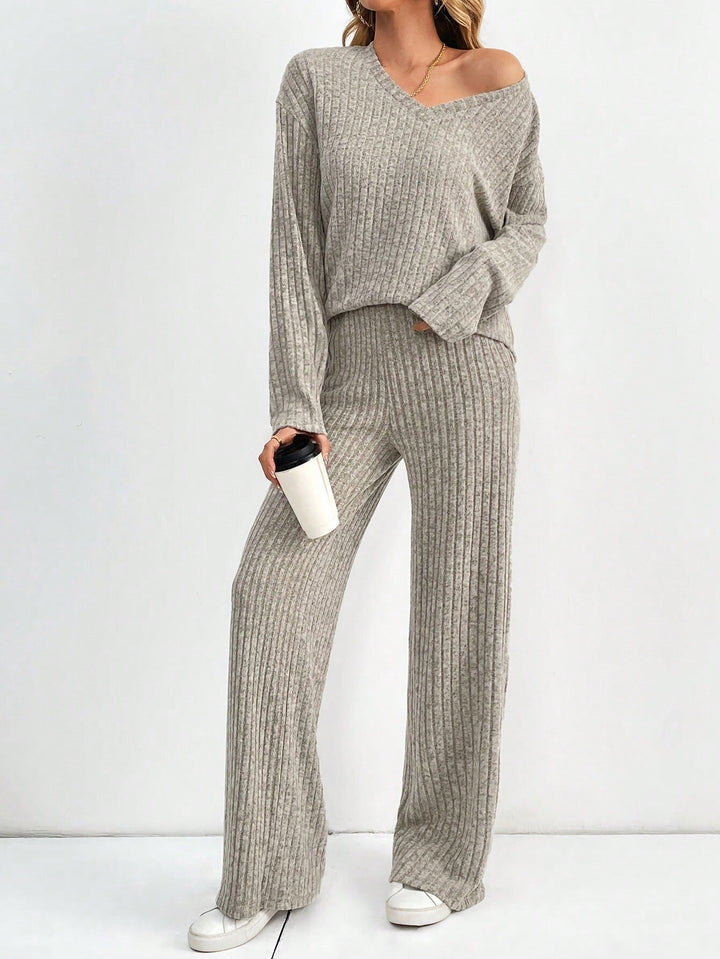 Damen bequemes Lounge-Set mit V-Ausschnitt und weitem Schnitt Drune