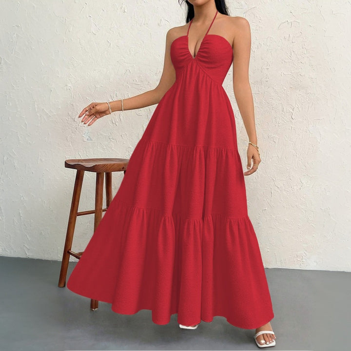 Damen Maxikleid mit tiefem V-Ausschnitt und Volants Drune