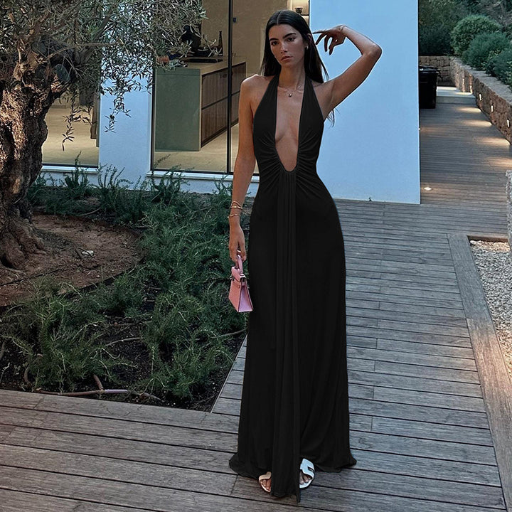 Damen Maxikleid mit tiefem V-Ausschnitt und eleganten Drapierungen Drune