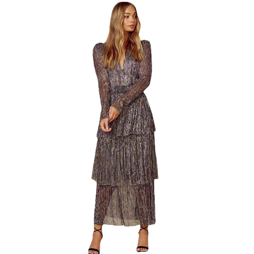Damen Glamouröses Abendkleid mit schillernden Lagen und V-Ausschnitt Drune
