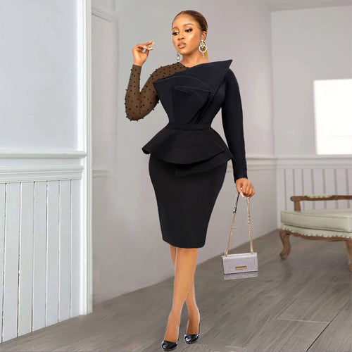 Damen Etuikleid mit transparenten Puffärmeln und dekorativem Peplum Drune