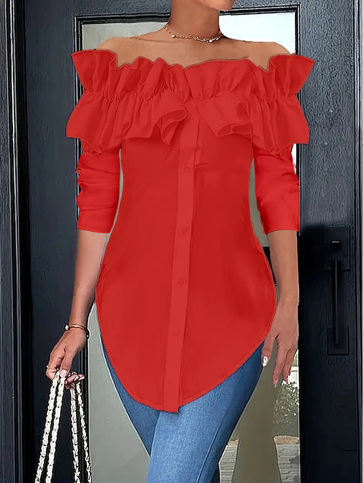 Damen Bluse mit schulterfreiem Design und voluminösen Rüschendetails Drune