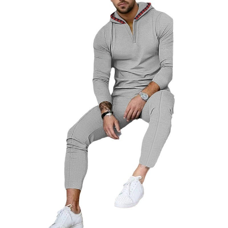 Herren nan Slim-Fit Waffel-Strick Kapuzen-Set mit Halbzip, kontrastgefütterter Kapuze und tapered Jogginghose Drune