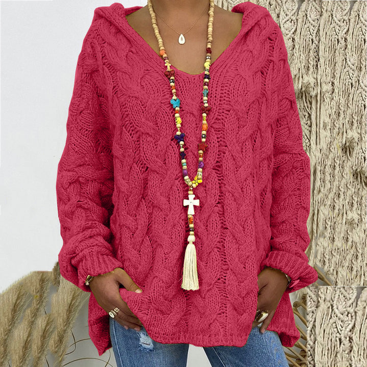Damen nan oversized Kapuzenpullover mit Zopfmuster, tiefem V-Ausschnitt und seitlichen Schlitzen Drune