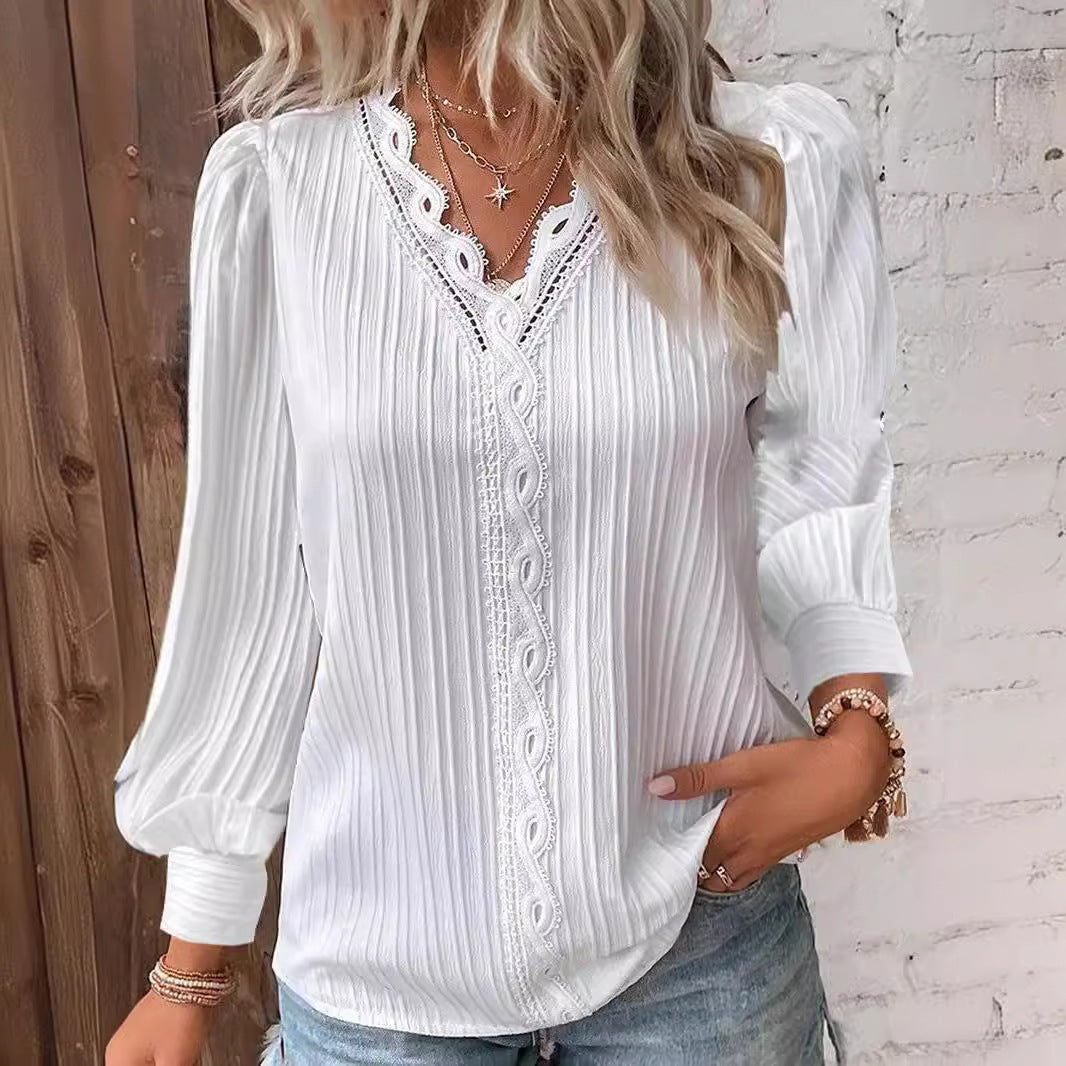 Damen Bluse mit raffiniertem Falten-Design und eleganten Spitzenakzenten Drune