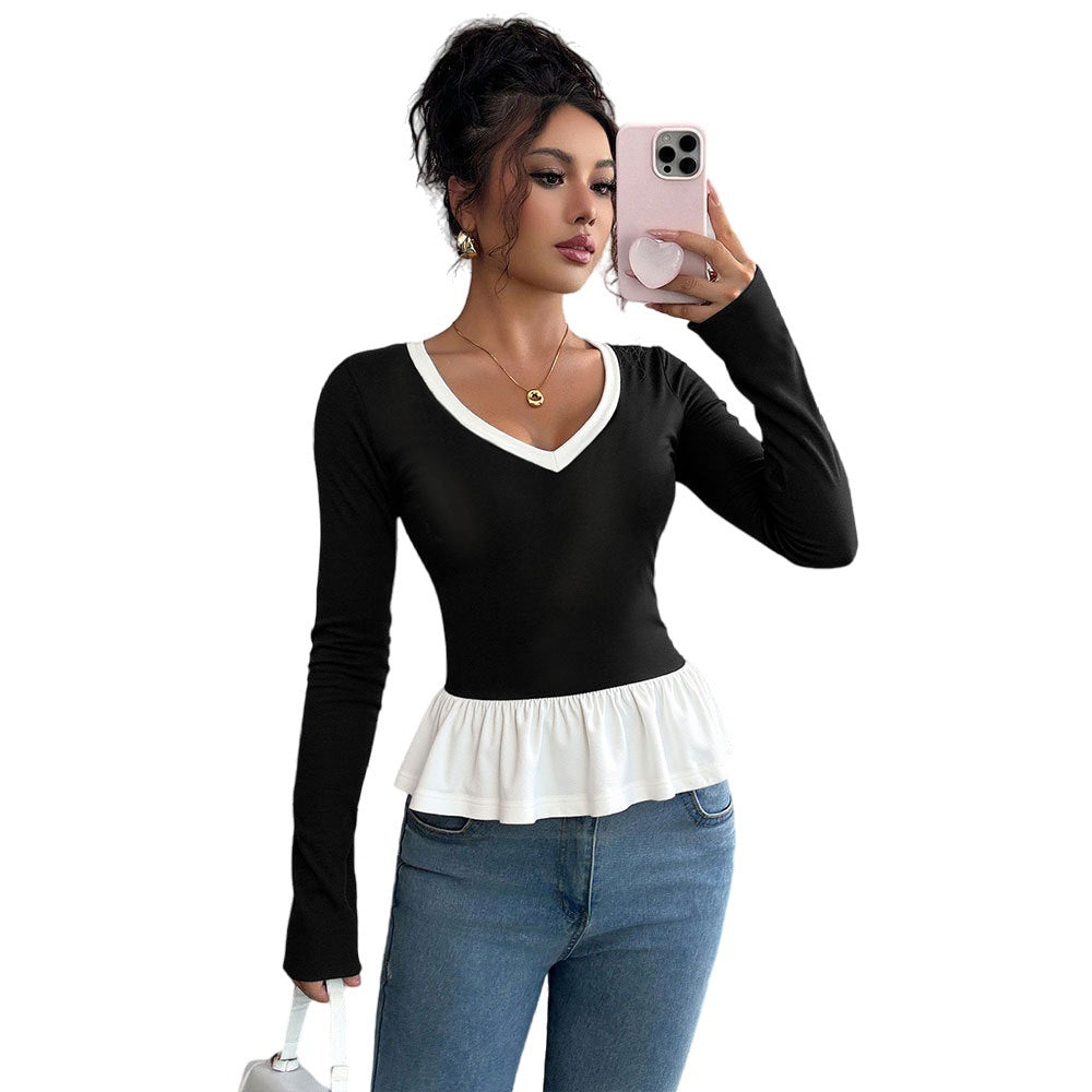 Damen Langarmshirt mit Rüschensaum und tiefem V-Ausschnitt Drune