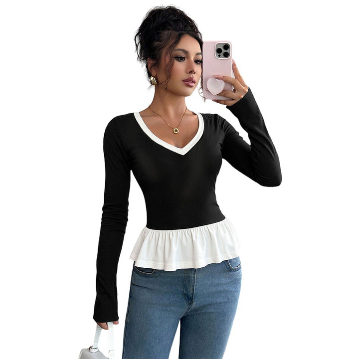 Damen Langarmshirt mit Rüschensaum und tiefem V-Ausschnitt Drune