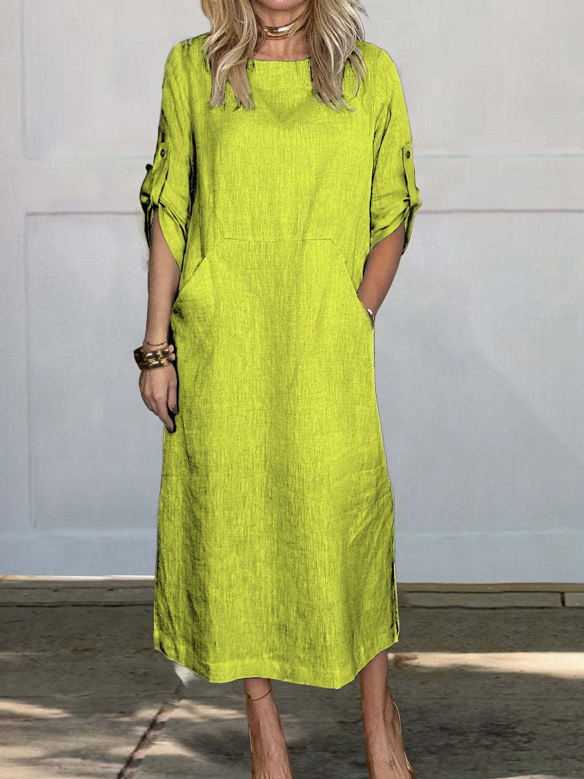 Damen Lässiges Leinen-Midikleid mit Seitentaschen und umschlagbaren Ärmeln Drune
