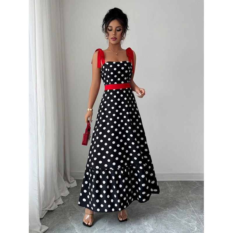 Damen Maxikleid mit verspieltem Polka-Dot-Muster und kontrastierendem Gürtel Drune