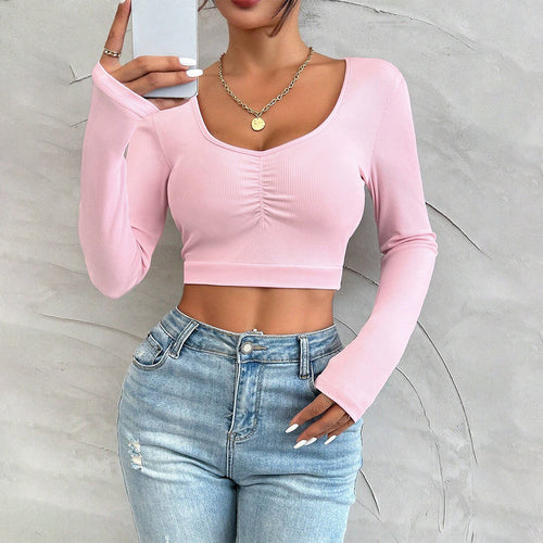 Damen langärmliges Crop-Top mit Raffungen Drune