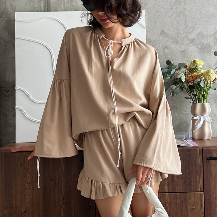 Damen lässiges Blusen- und Shorts-Set mit Rüschendetails und weitem Schnitt Drune