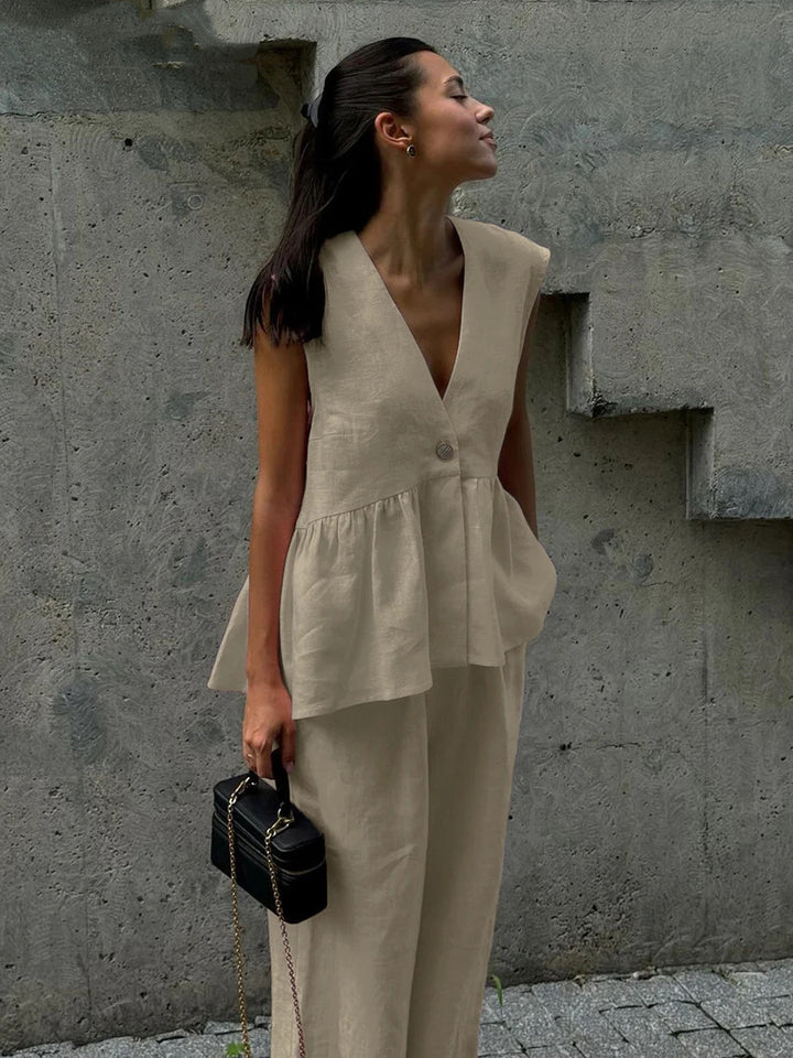 Damen luftiger Jumpsuit mit V-Ausschnitt und fließendem Schnitt Drune