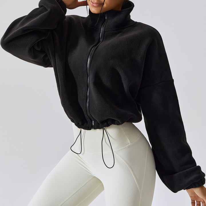 Damen kürzerer Fleece-Pullover mit hohem Kragen und Kordelzug Drune
