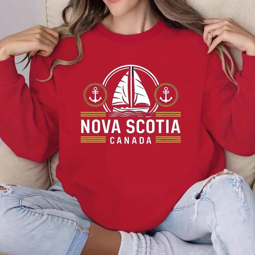 Damen Sweatshirt mit maritimem Segelmuster und dezentem Schriftzug Drune