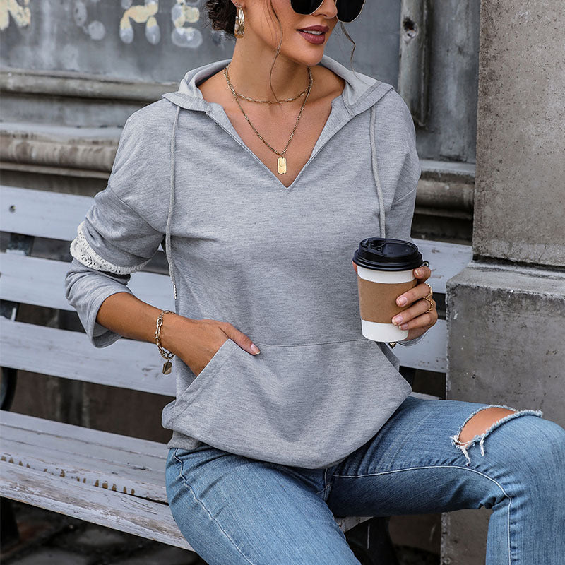 Damen lässiger Hoodie mit elegantem V-Ausschnitt und modischen Kontrastdetails Drune