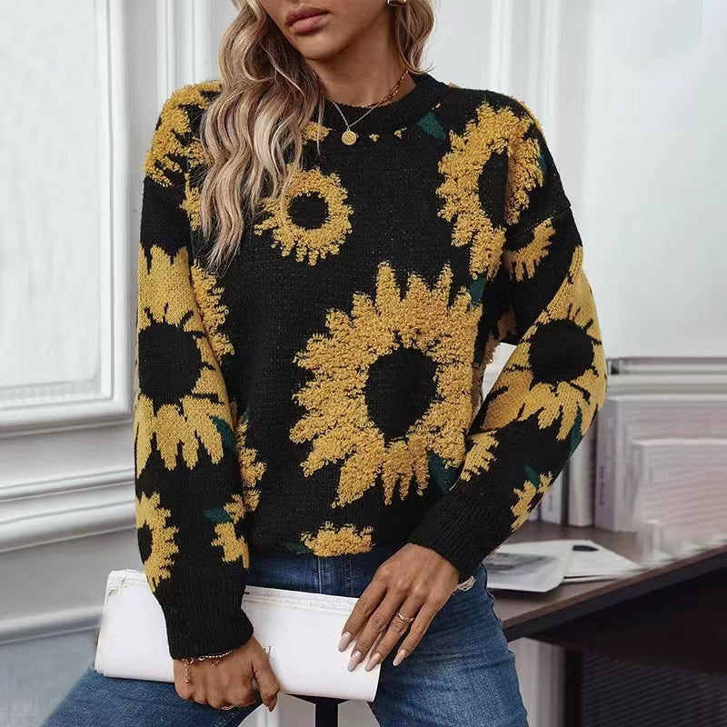 Damen Grobstrickpullover mit floralen Applikationen Drune