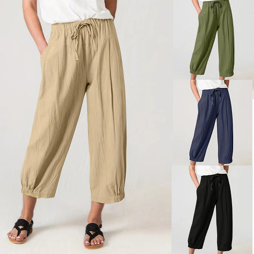 Damen weite Leinenhose mit elastischem Bund und praktischen Taschen Drune