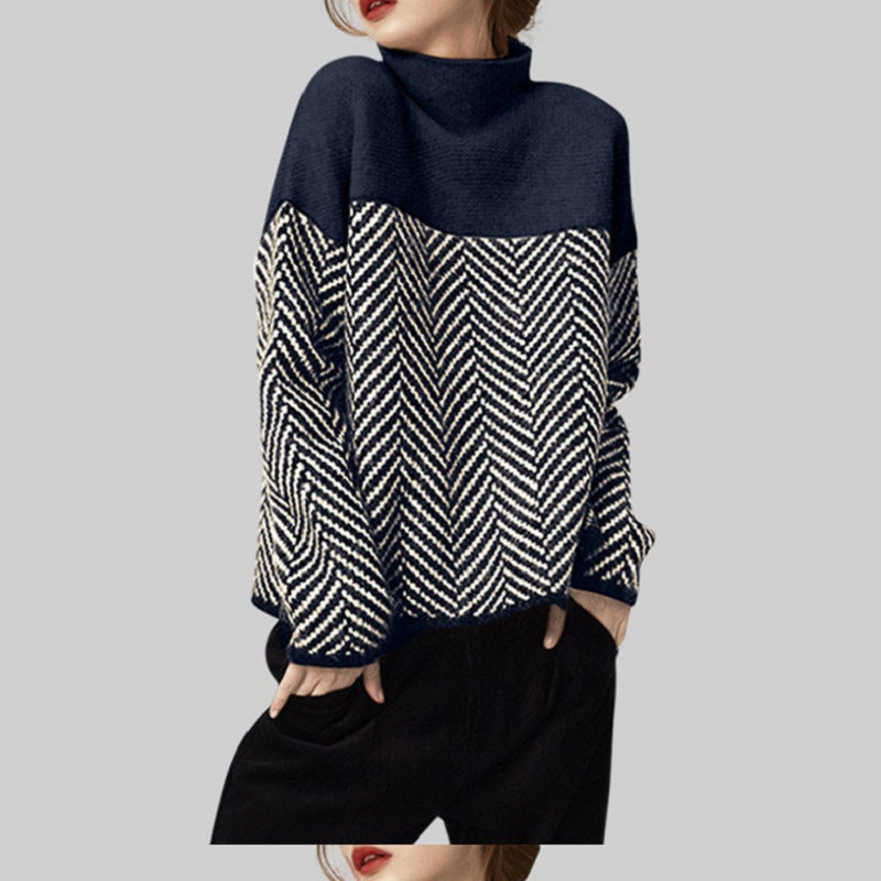 Damen Grobstrickpullover mit hochgeschlossenem Kragen und modernem Chevron-Muster Drune