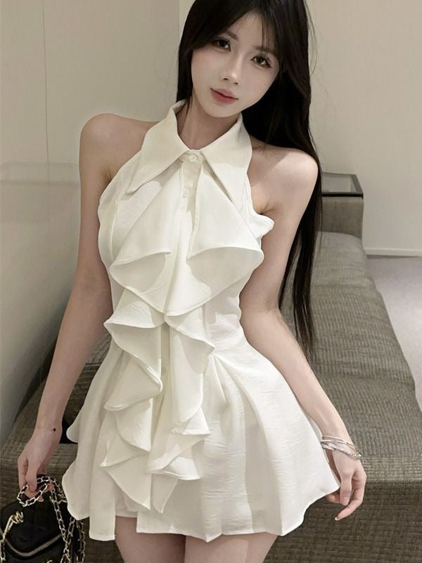 Damen Chiffon Kleid mit voluminösen Rüschendetails und elegantem Stehkragen Drune