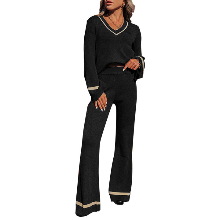 Damen elegantes Strick-Set mit weitem Bein und V-Ausschnitt Drune