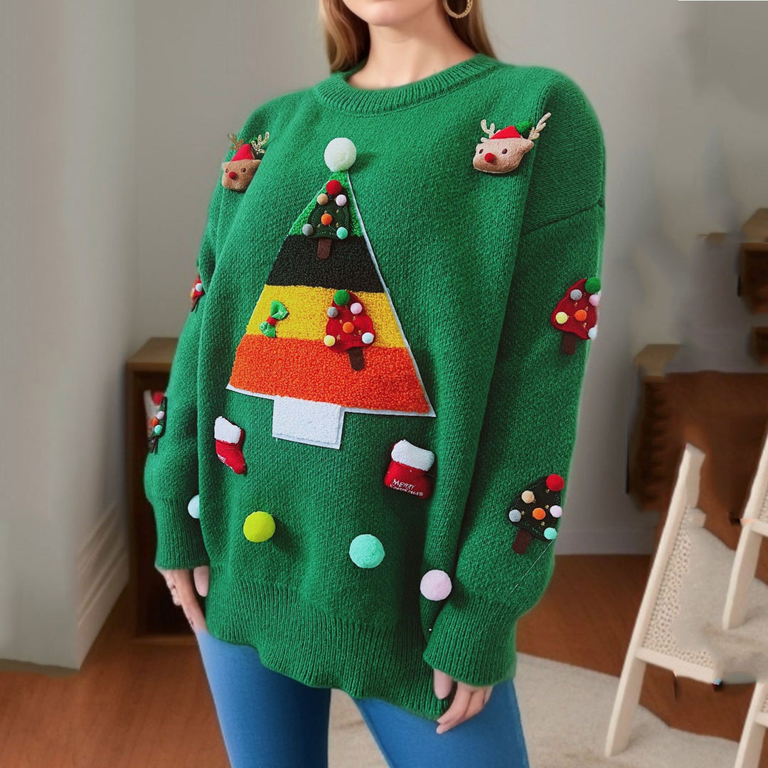 Damen Weihnachts-Pullover mit festlichem 3D-Motiv und dekorativen Applikationen Drune