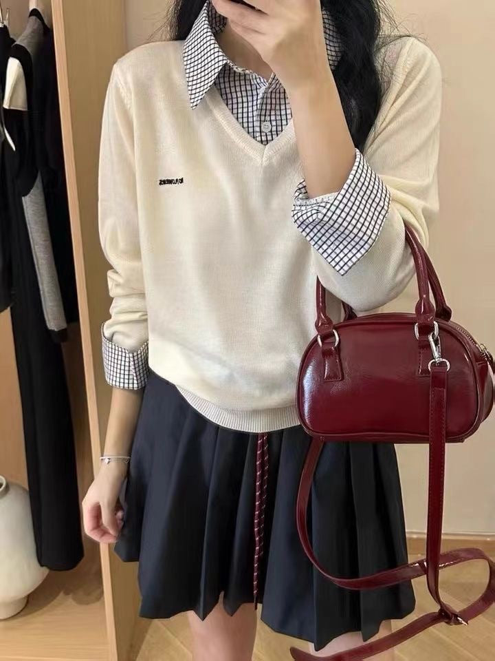 Damen lässiger V-Pullover mit Hemdkragen und ausgefallenem Design Drune