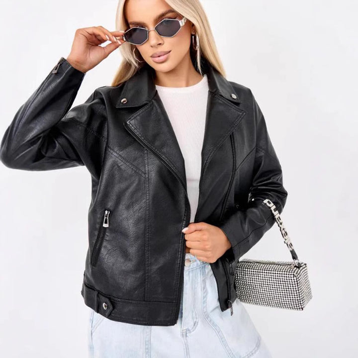 Damen hochwertige Kunstlederjacke im Biker-Stil mit asymmetrischem Reißverschluss Drune
