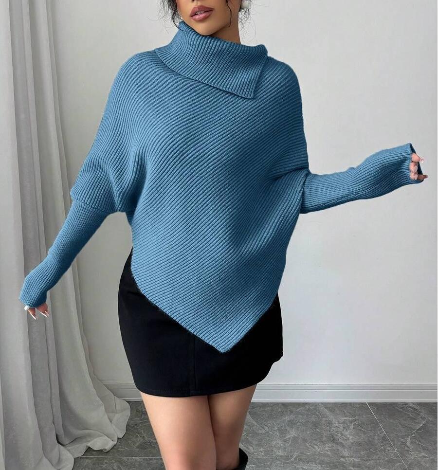Damen Oversized Strickpullover mit asymmetrischem Saum und hohem Kragen Drune