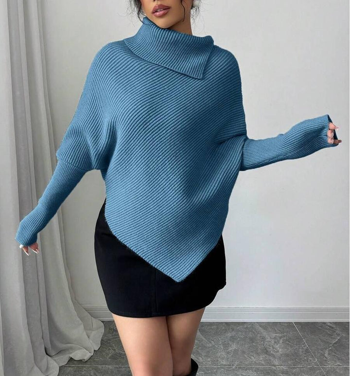 Damen Oversized Strickpullover mit asymmetrischem Saum und hohem Kragen Drune