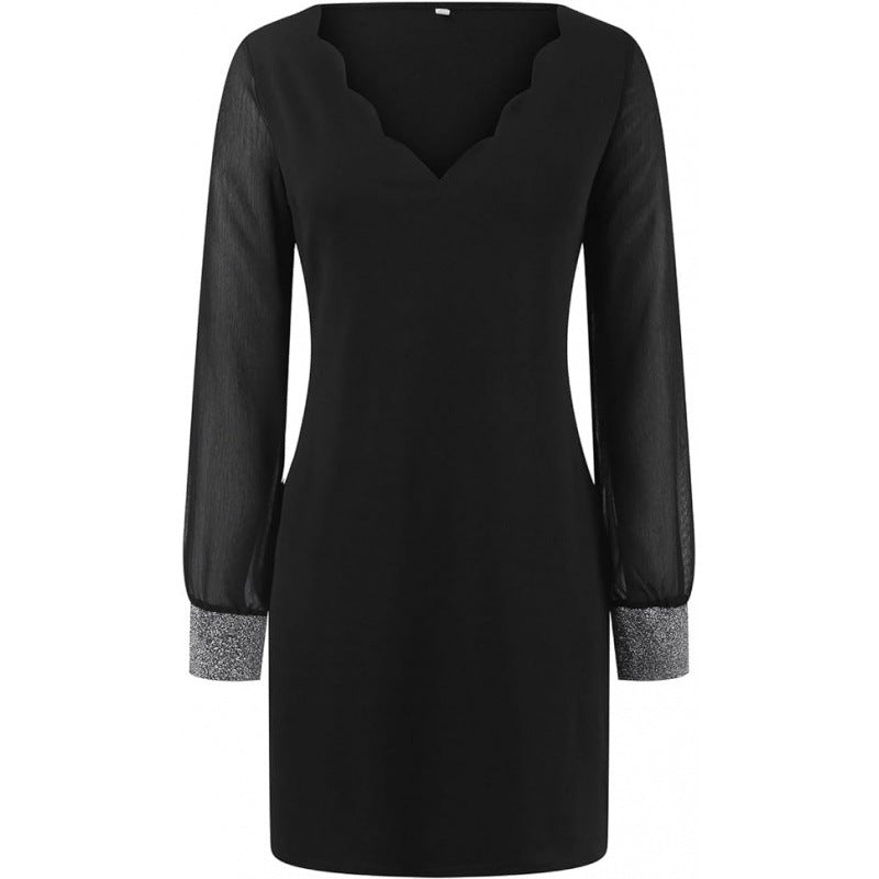 Damen Abendkleid mit transparenten Ärmeln und elegantem V-Ausschnitt Drune