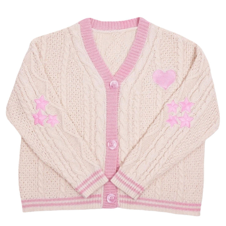 Damen nan gestrickte Cardigan mit Zopfmuster V-Ausschnitt und Herz- und Sternapplikationen Drune