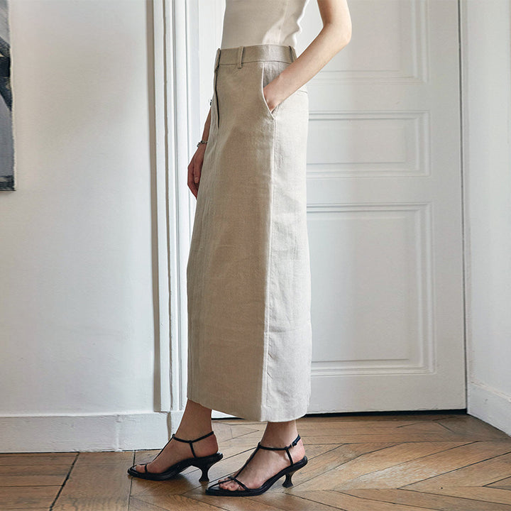 Damen Leinen Maxi-Rock mit hoher Taille und eleganten Bügelfalten Drune