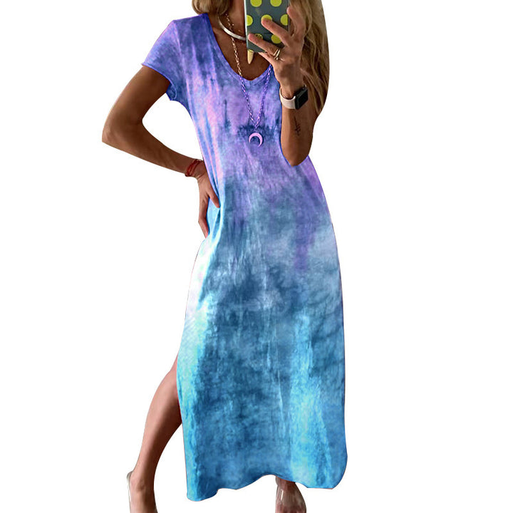 Damen Langarm-Maxikleid mit modernem Tie-Dye-Muster und V-Ausschnitt Drune