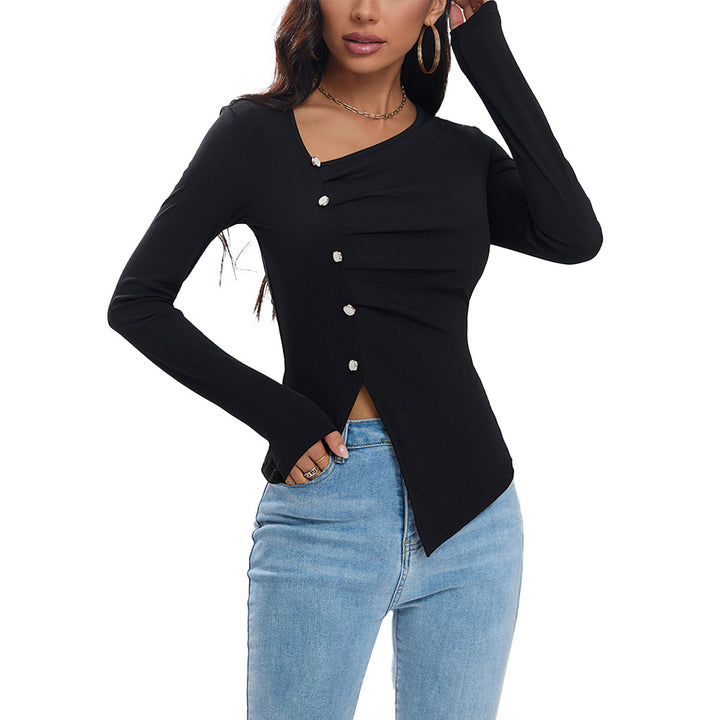 Damen Longsleeve Shirt mit elegantem Knopf-Design und asymmetrischem Saum Drune