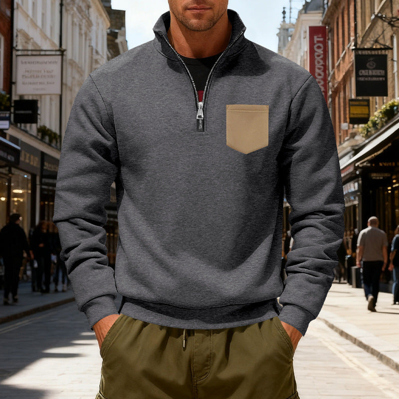 Herren modischer Sweatshirt mit halbem Reißverschluss und aufgesetzter Tasche Drune
