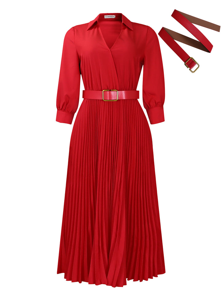Damen Plissee Maxi-Kleid mit Taillengürtel und eleganter Knopfkragen Drune