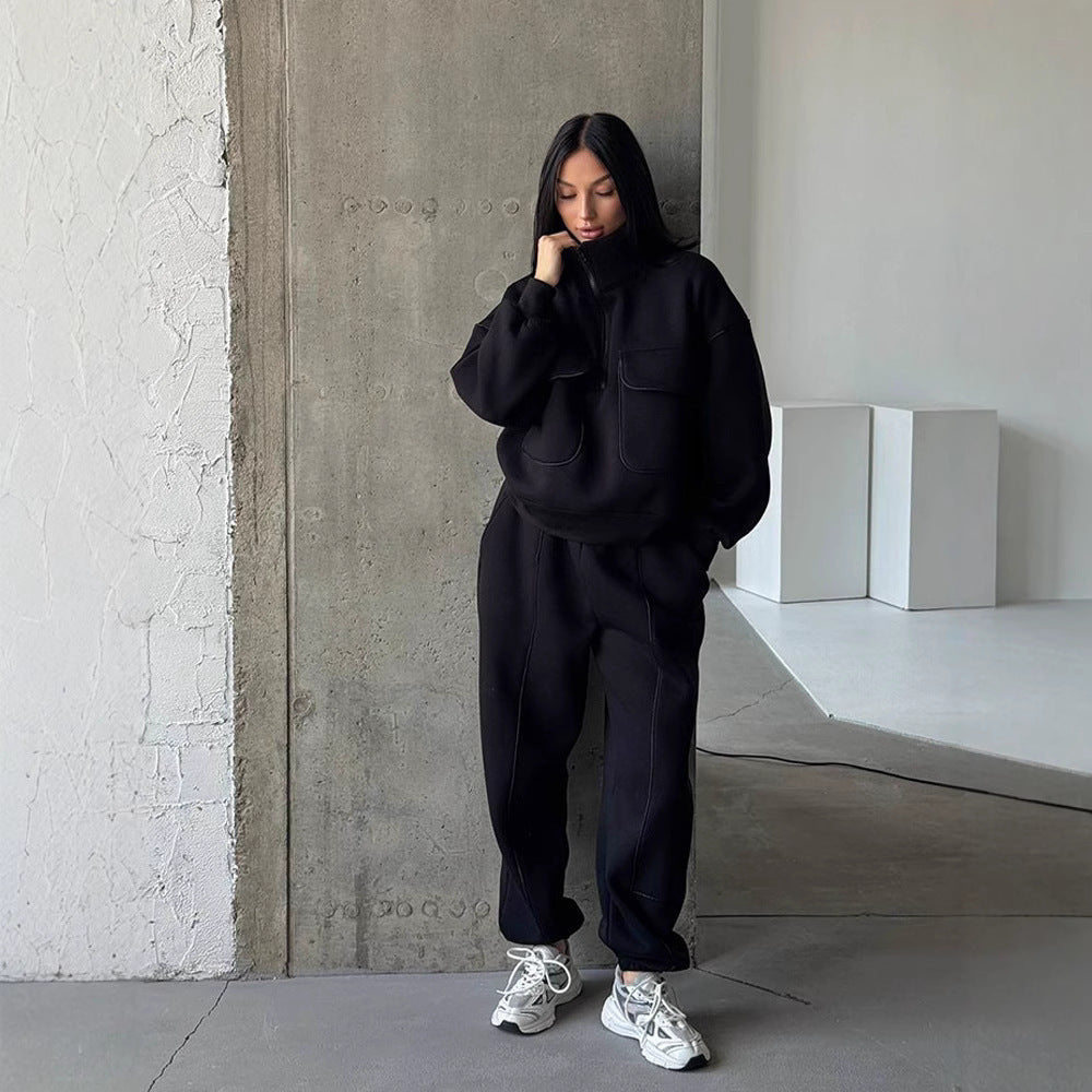 Damen nan Oversize Halbzip-Sweatshirt mit aufgesetzten Klappentaschen und Kontrastpaspeln Drune