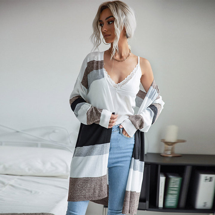 Damen trendige Langarmstrickjacke mit grafischem Streifenmuster Drune