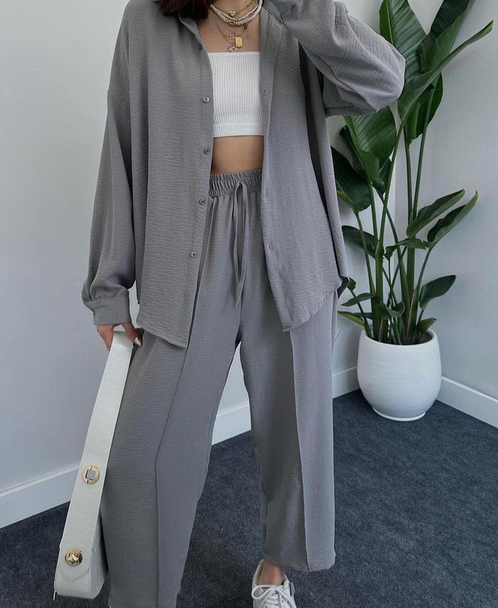 Damen Lässiges Zweiteiler-Set mit weitem Hemd und lockerer Hose Drune